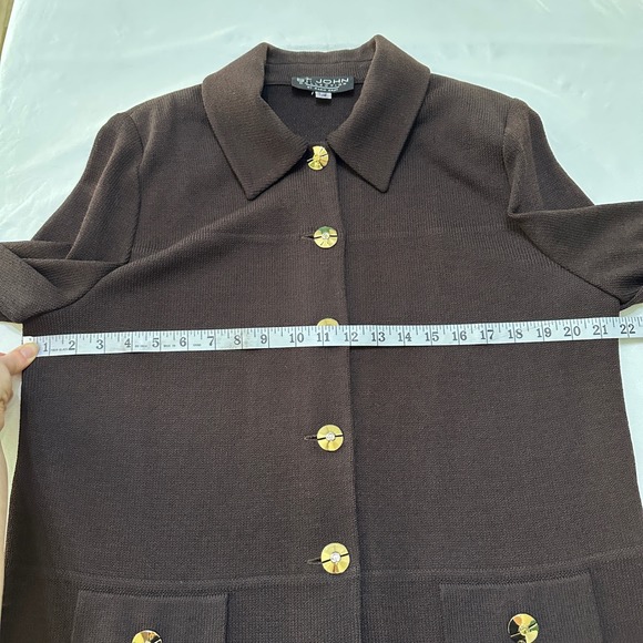 St. John Collection Brown Knit Suit Set Sz 14/12 Gold Buttons Mended Flaws Vtg - Picture 6 of 16